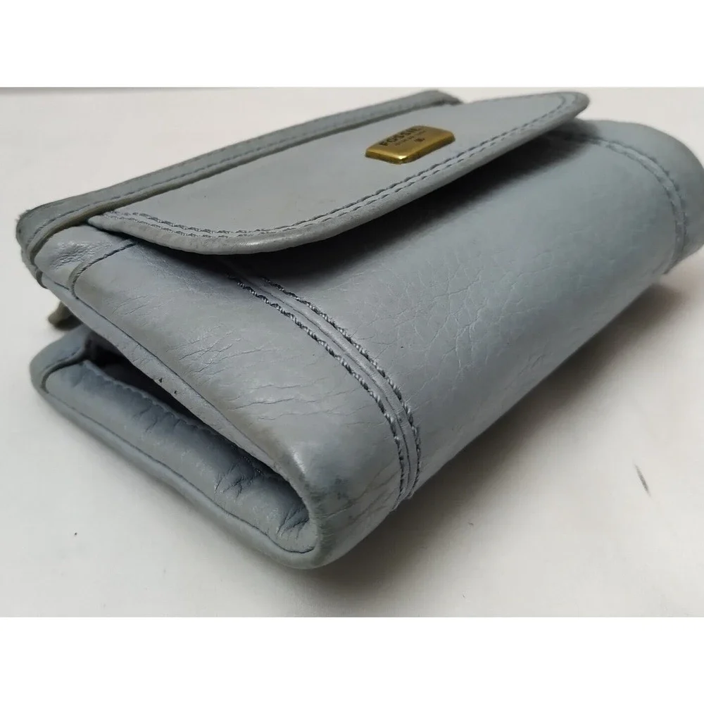 Fossil Blue Leather Zipper Pocket Credit Card Bifold Wallet